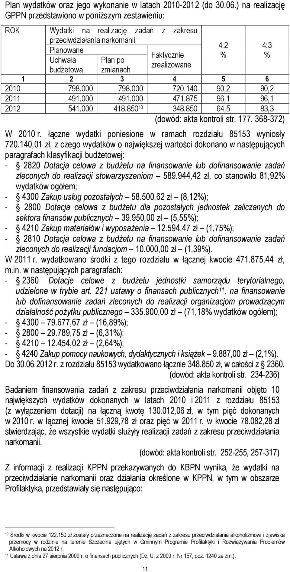budŝetowa zmianach 1 2 3 4 5 6 2010 798.000 798.000 720.140 90,2 90,2 2011 491.000 491.000 471.875 96,1 96,1 2012 541.000 418.850 10 348.850 64,5 83,3 (dowód: akta kontroli str.