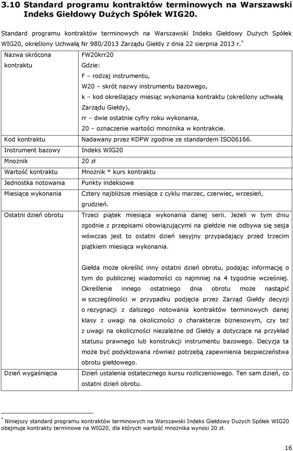 * Nazwa skrócona FW20krr20 kontraktu Gdzie: F rodzaj instrumentu, W20 skrót nazwy instrumentu bazowego, k kod określający miesiąc wykonania kontraktu (określony uchwałą Zarządu Giełdy), rr dwie