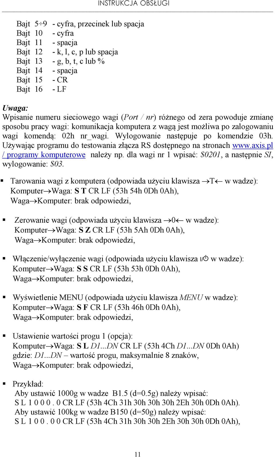 Wylogowanie następuje po komendzie 03h. Używając programu do testowania złącza RS dostępnego na stronach www.axis.pl / programy komputerowe należy np.