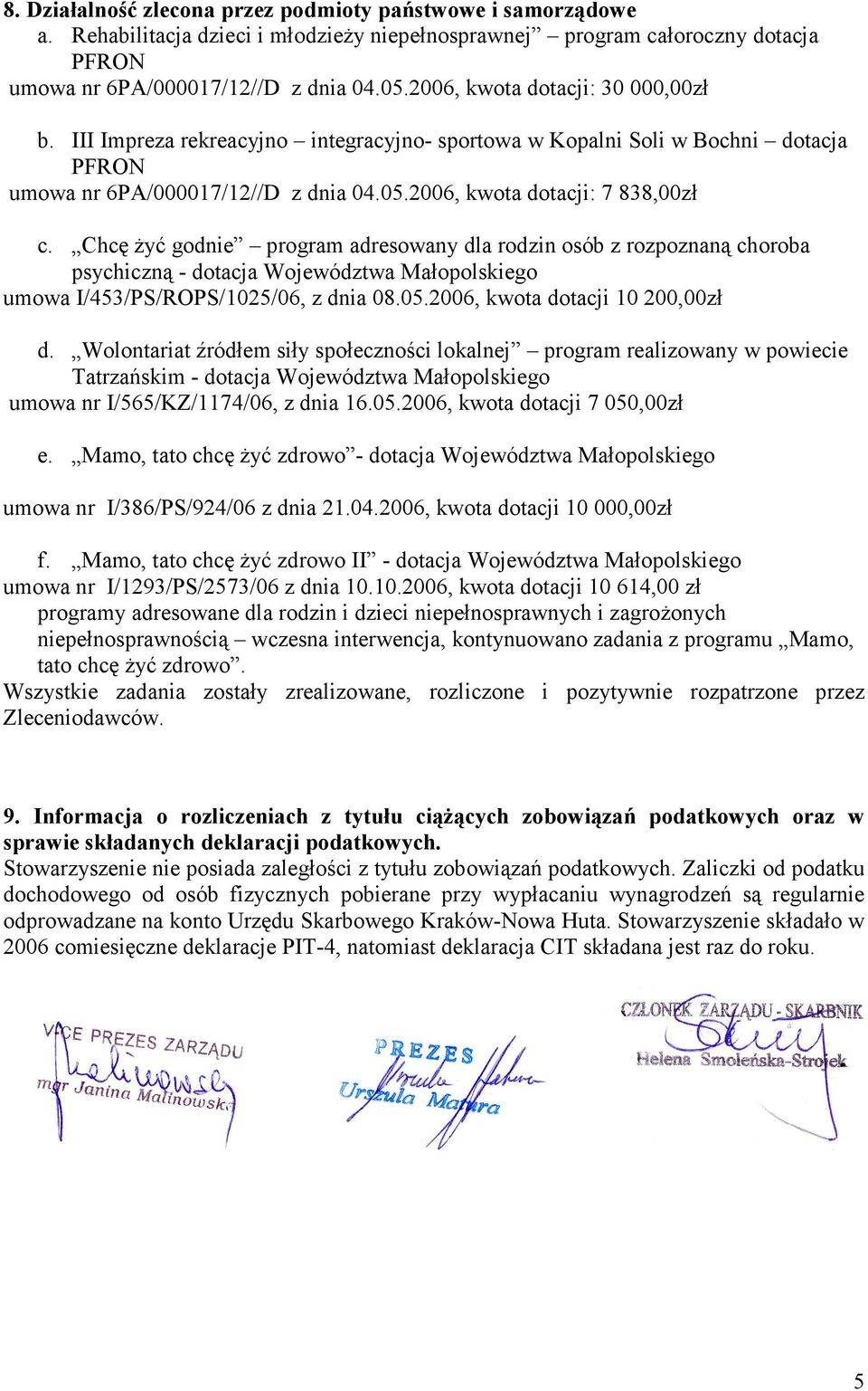 Chcę żyć godnie program adresowany dla rodzin osób z rozpoznaną choroba psychiczną - dotacja Województwa Małopolskiego umowa I/453/PS/ROPS/1025/06, z dnia 08.05.2006, kwota dotacji 10 200,00zł d.