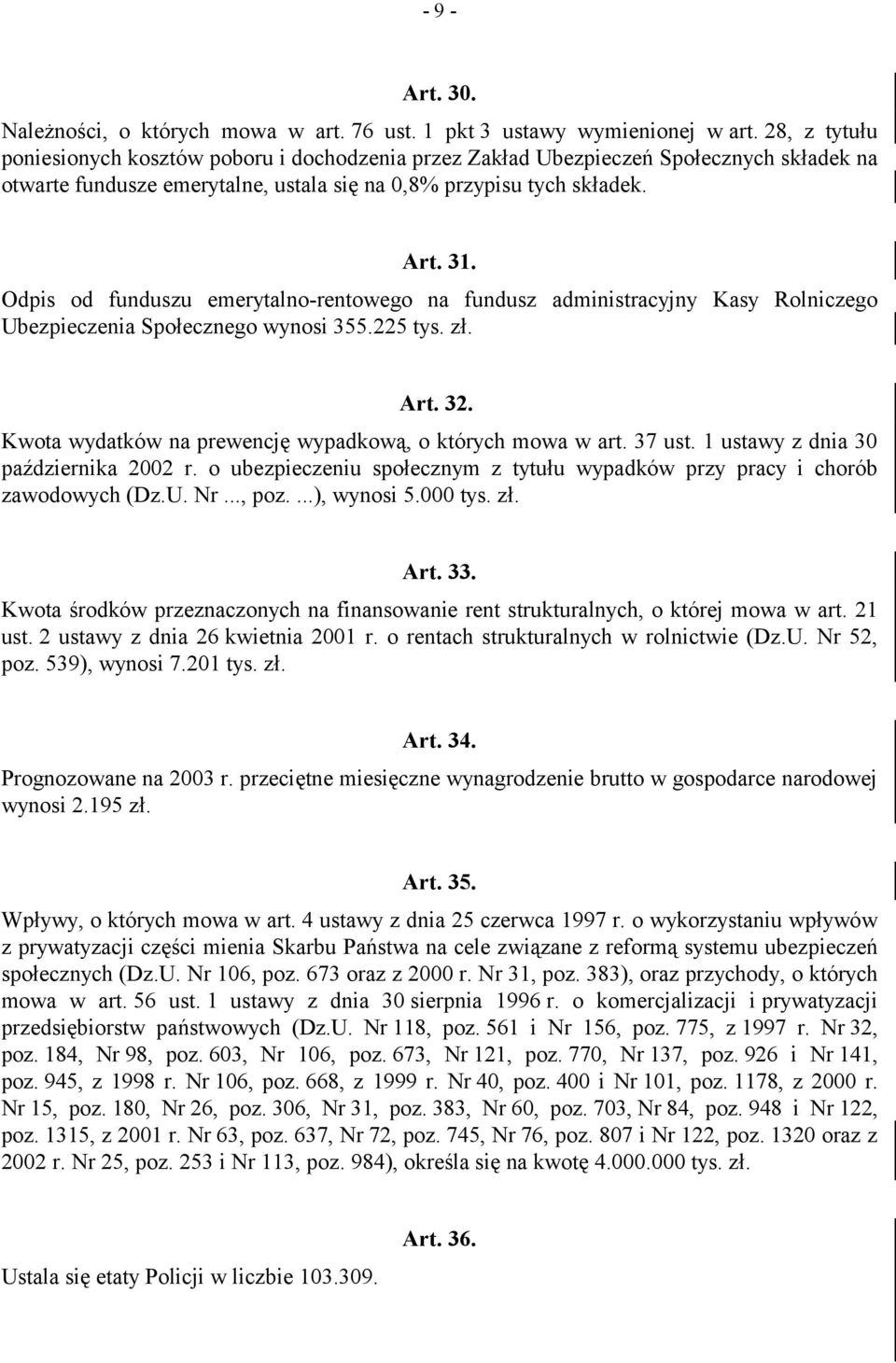 Odpis od funduszu emerytalno-rentowego na fundusz administracyjny Kasy Rolniczego Ubezpieczenia Społecznego wynosi 355.225 tys. zł. Art. 32.