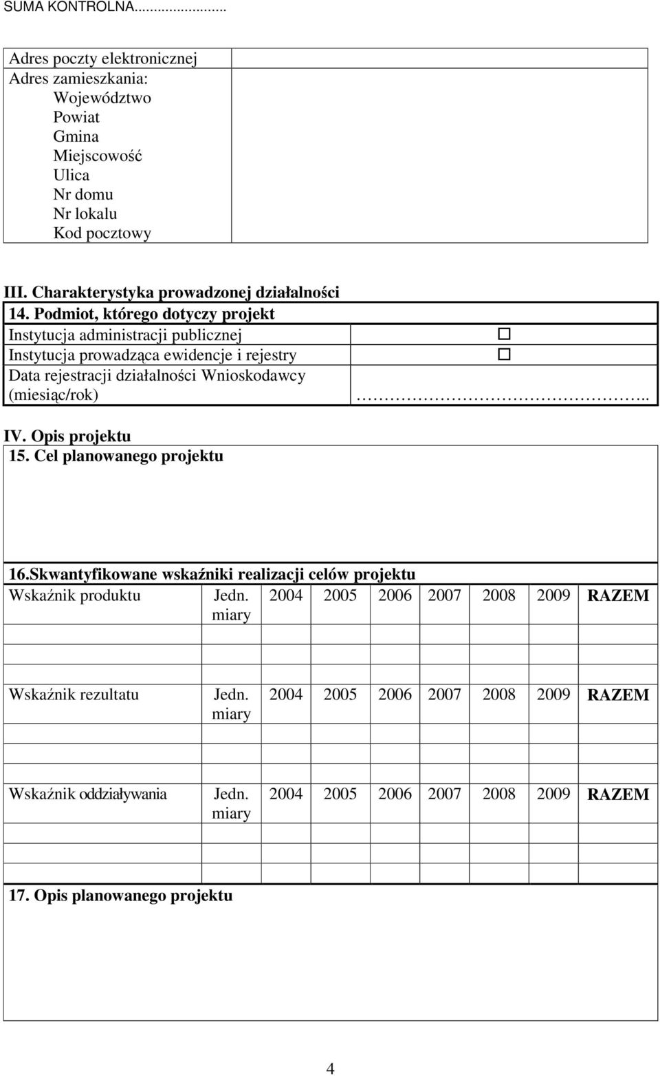 . IV. Opis projektu 15. Cel planowanego projektu 16.Skwantyfikowane wskaniki realizacji celów projektu Wskanik produktu Jedn.