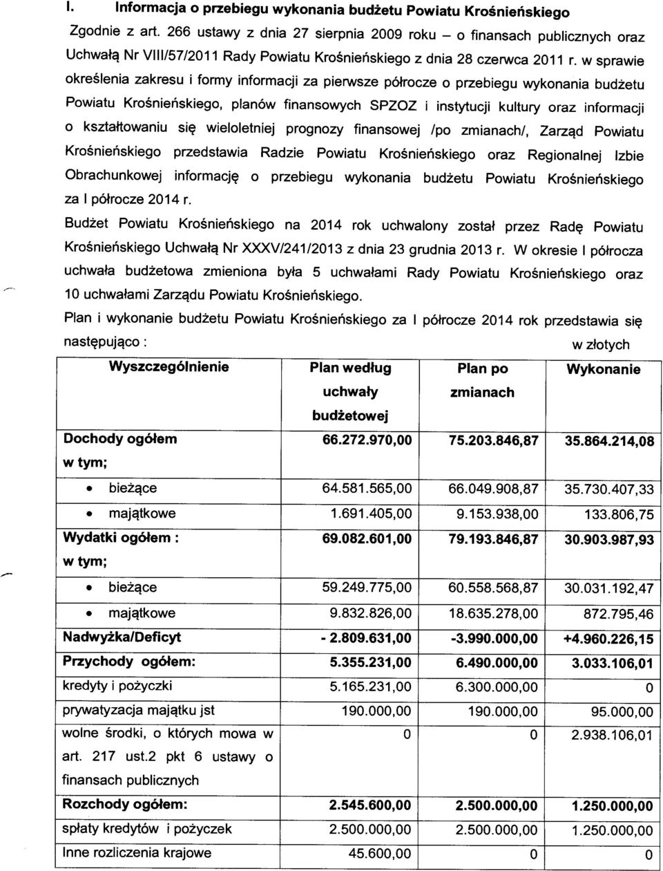w sprawie określenia zakresu i formy informacji za pierwsze półrocze o przebiegu wykonania budżetu Powiatu Krośnieńskiego, planów finansowych SPZOZ i instytucji kultury oraz informacji o