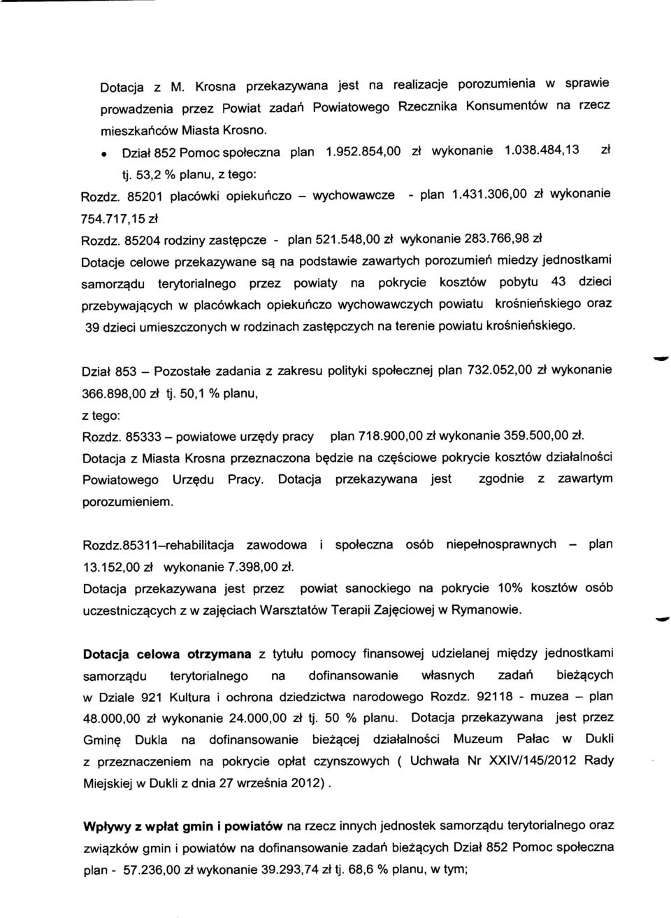 85204 rodziny zastępcze plan 521.548,00 zł wykonanie 283.
