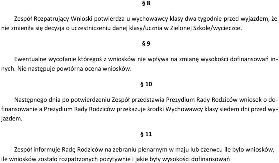Następnego dnia po potwierdzeniu Zespół przedstawia Prezydium Rady Rodziców wniosek o dofinansowanie a Prezydium Rady Rodziców przekazuje środki Wychowawcy klasy siedem