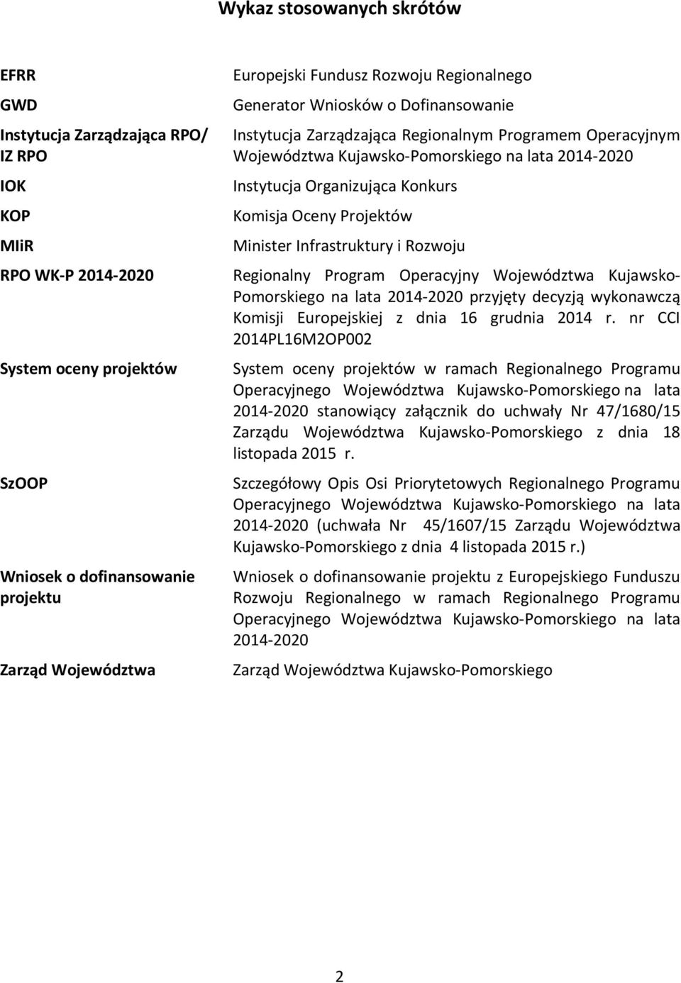 Konkurs Komisja Oceny Projektów Minister Infrastruktury i Rozwoju Regionalny Program Operacyjny Województwa Kujawsko- Pomorskiego na lata 2014-2020 przyjęty decyzją wykonawczą Komisji Europejskiej z