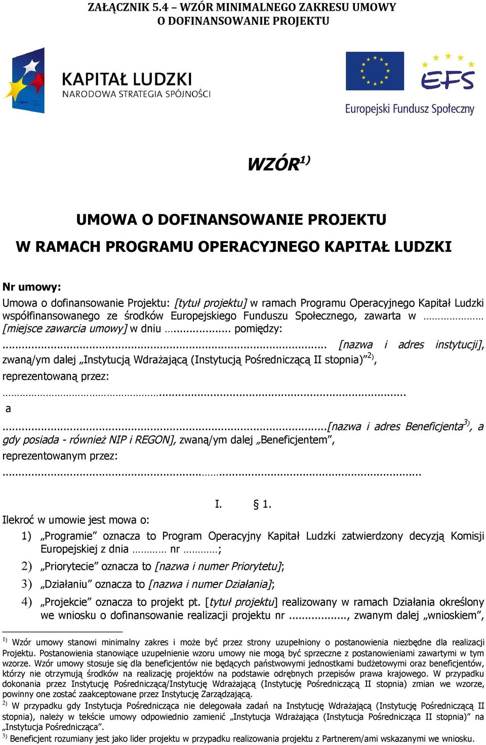 projektu] w ramach Programu Operacyjnego Kapitał Ludzki współfinansowanego ze środków Europejskiego Funduszu Społecznego, zawarta w [miejsce zawarcia umowy] w dniu... pomiędzy:.