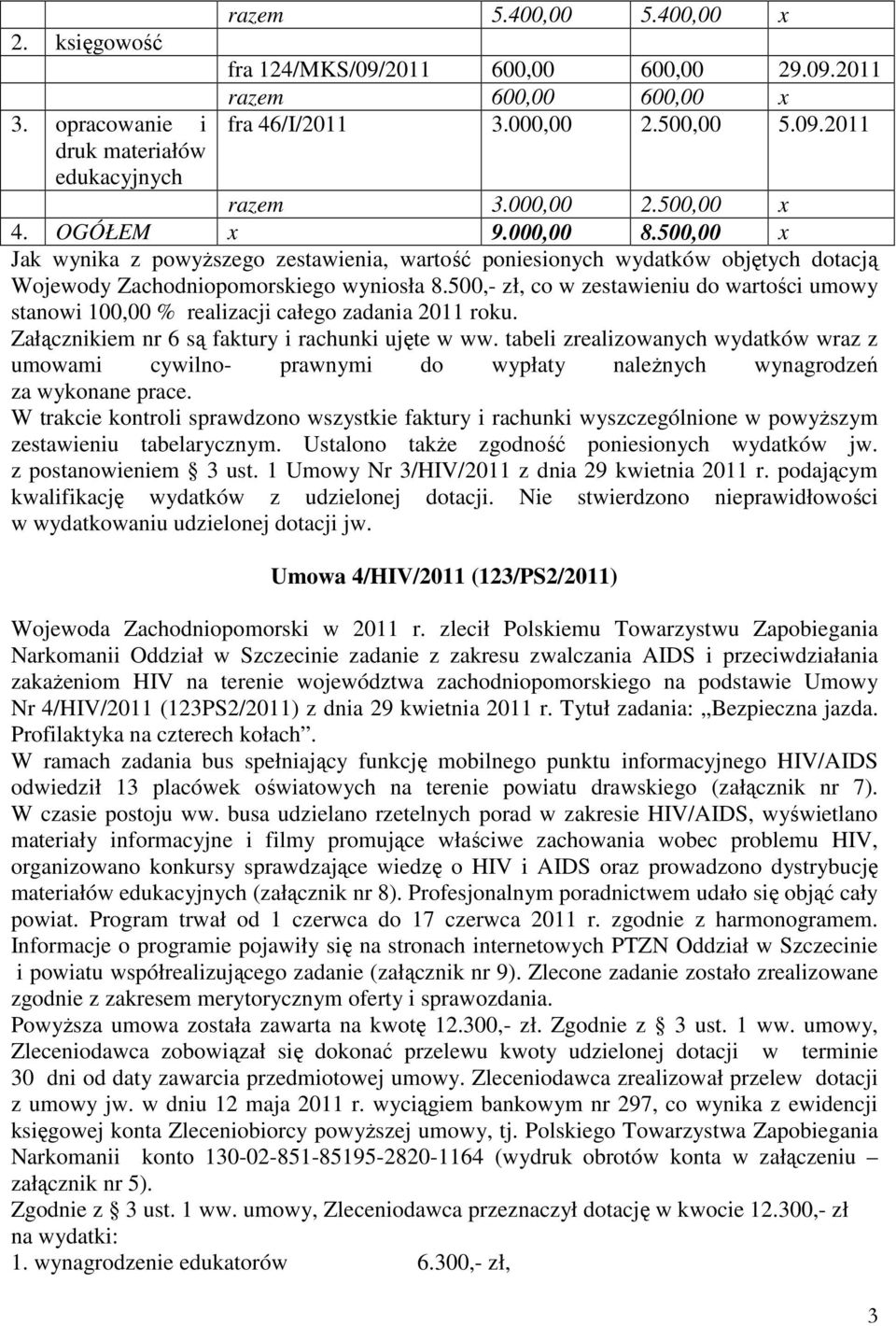 500,- zł, co w zestawieniu do wartości umowy stanowi 100,00 % realizacji całego zadania 2011 roku. Załącznikiem nr 6 są faktury i rachunki ujęte w ww.