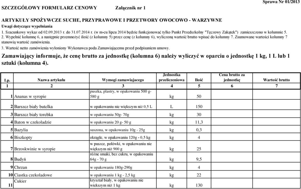 Zsumowane wartości kolumny 7 stanowią wartość zamówienia. 3. Wartość netto zamówienia wyłoniony Wykonawca poda Zamawiającemu przed podpisaniem umowy.