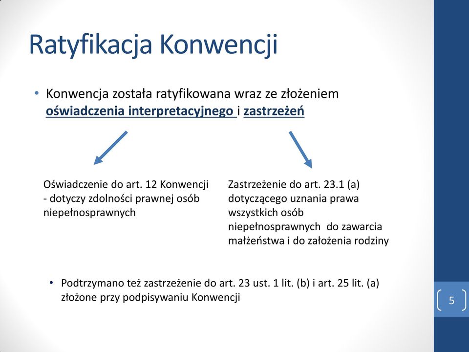 12 Konwencji - dotyczy zdolności prawnej osób niepełnosprawnych Zastrzeżenie do art. 23.