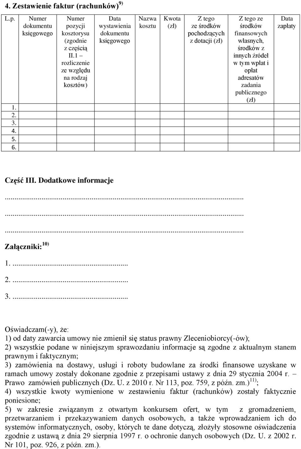 wpłat i opłat adresatów zadania publicznego (zł) Data zapłaty Część III. Dodatkowe informacje......... Załączniki: 10) 1....... 3.