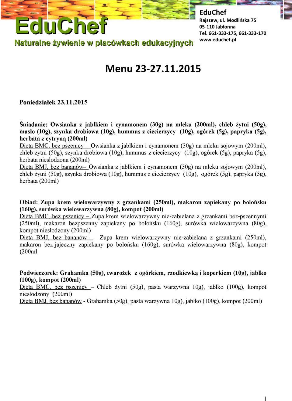 2015 Śniadanie: Owsianka z jabłkiem i cynamonem (30g) na mleku, chleb żytni (50g), masło (10g), szynka drobiowa (10g), hummus z ciecierzycy (10g), ogórek (5g), papryka (5g), herbata z cytryną Dieta