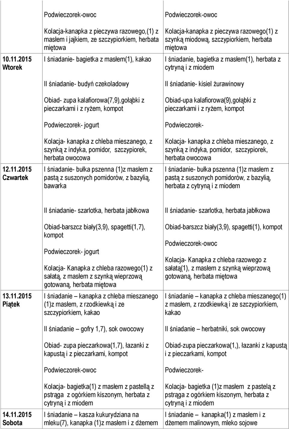 2015 Czwartek Kolacja-kanapka z pieczywa razowego,(1) z masłem i jajkiem, ze szczypiorkiem, herbata I śniadanie- bagietka z masłem(1), kakao II śniadanie- budyń czekoladowy Obiad- zupa