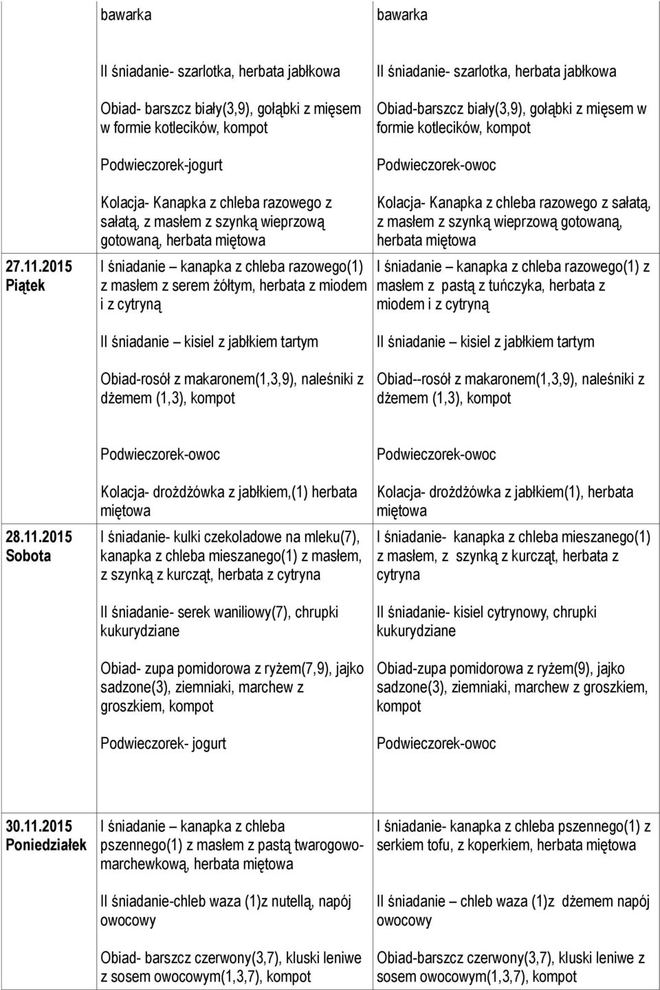 2015 Piątek Kolacja- Kanapka z chleba razowego z sałatą, z masłem z szynką wieprzową gotowaną, herbata I śniadanie kanapka z chleba razowego(1) z masłem z serem żółtym, herbata z miodem i z cytryną