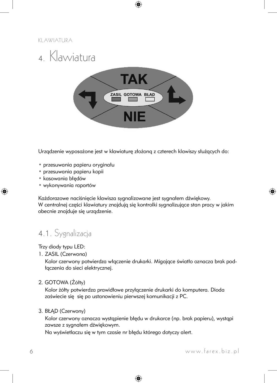 Każdorazowe naciśnięcie klawisza sygnalizowane jest sygnałem dźwiękowy. W centralnej części klawiatury znajdują się kontrolki sygnalizujące stan pracy w jakim obecnie znajduje się urządzenie. 4.1.