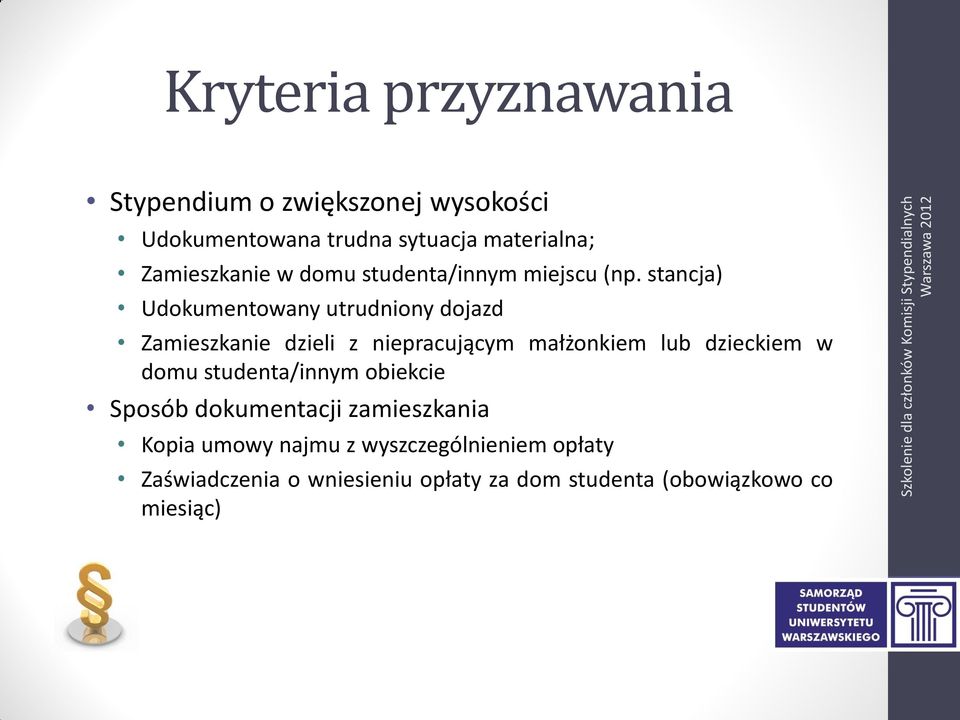 stancja) Udokumentowany utrudniony dojazd Zamieszkanie dzieli z niepracującym małżonkiem lub dzieckiem w