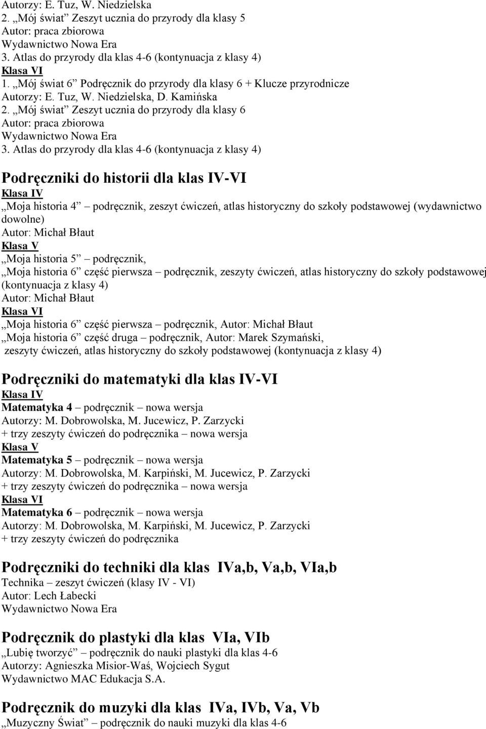 Atlas do przyrody dla klas 4-6 (kontynuacja z klasy 4) Podręczniki do historii dla klas IV-VI Moja historia 4 podręcznik, zeszyt ćwiczeń, atlas historyczny do szkoły podstawowej (wydawnictwo dowolne)