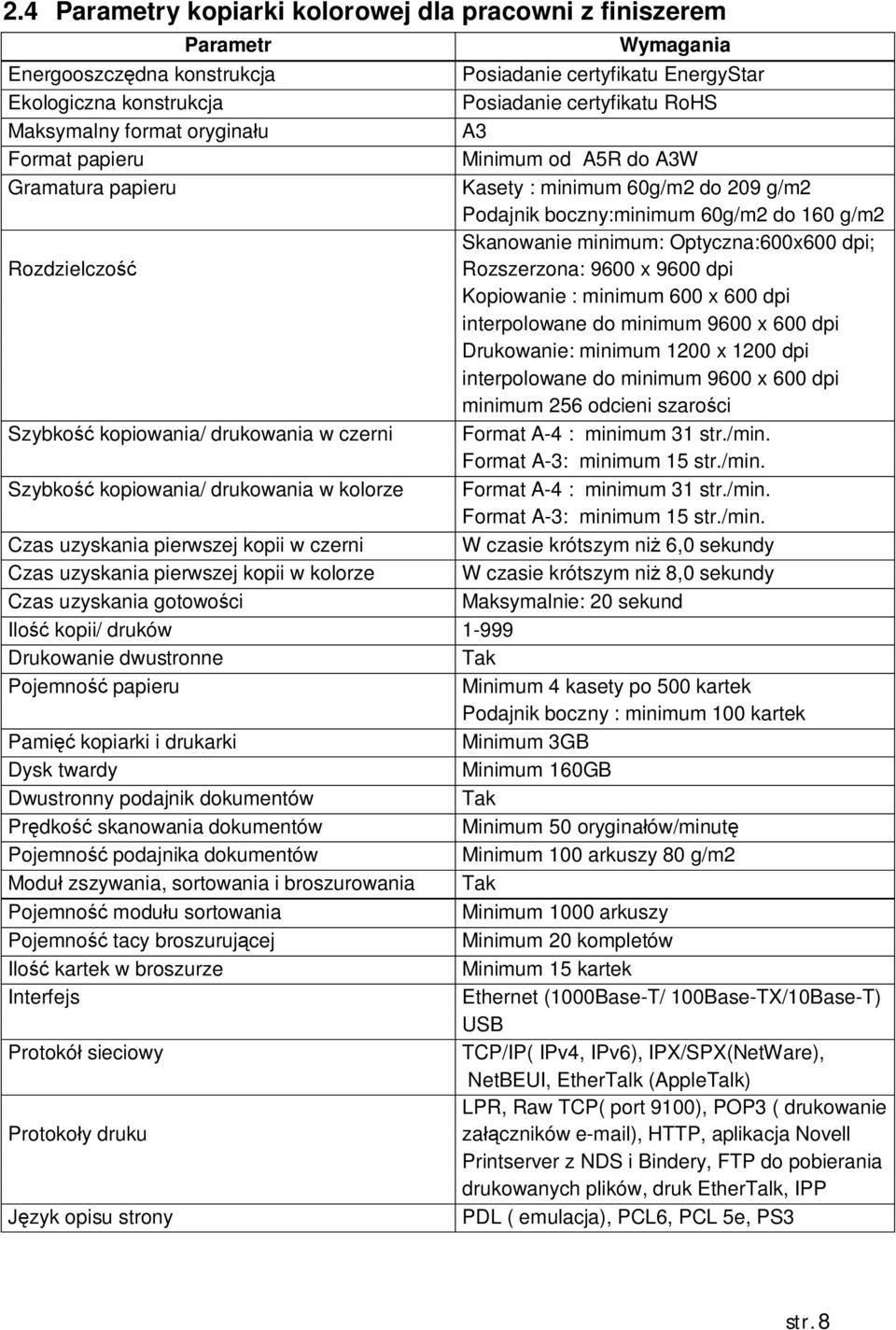 certyfikatu EnergyStar Posiadanie certyfikatu RoHS A3 Minimum od A5R do A3W Kasety : minimum 60g/m2 do 209 g/m2 Podajnik boczny:minimum 60g/m2 do 160 g/m2 Skanowanie minimum: Optyczna:600x600 dpi;