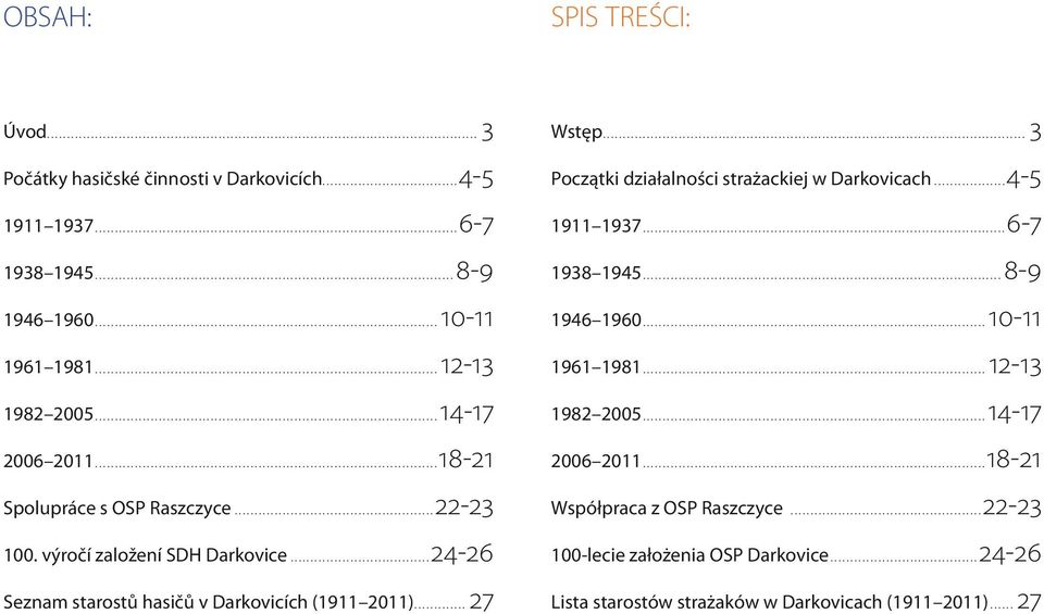 ..27 Wstęp... 3 Początki działalności strażackiej w Darkovicach...4-5 1911 1937...6-7 1938 1945...8-9 1946 1960...10-11 1961 1981...12-13 1982 2005.