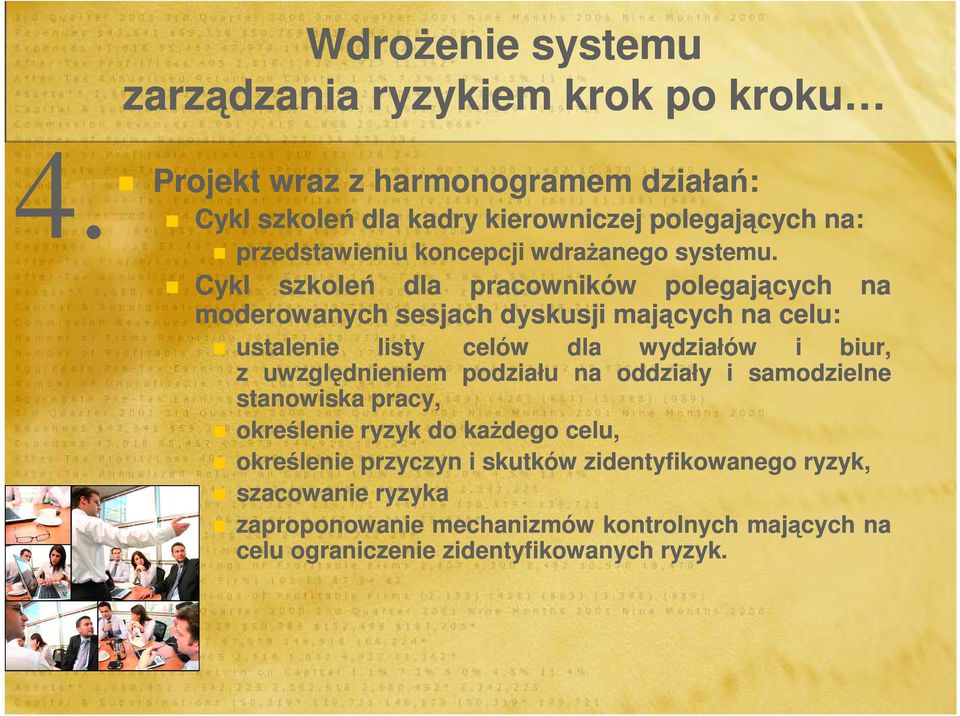 Cykl szkoleń dla pracowników polegających na moderowanych sesjach dyskusji mających na celu: ustalenie listy celów dla wydziałów i biur, z