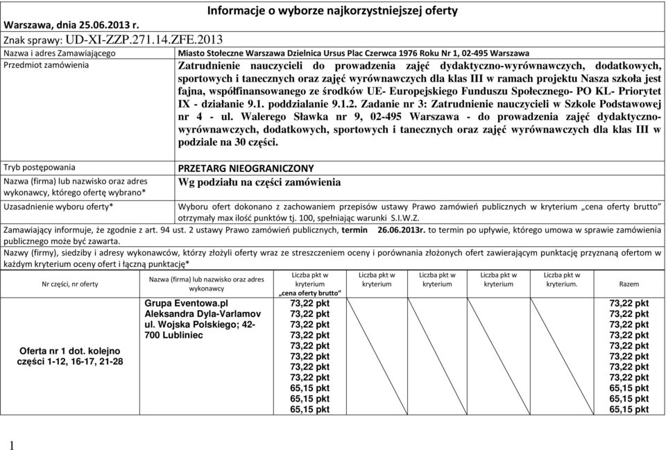 1976 Roku Nr 1, 02-495 Warszawa Zatrudnienie nauczycieli do prowadzenia zajęć dydaktyczno-wyrównawczych, dodatkowych, sportowych i tanecznych oraz zajęć wyrównawczych dla klas III w ramach projektu