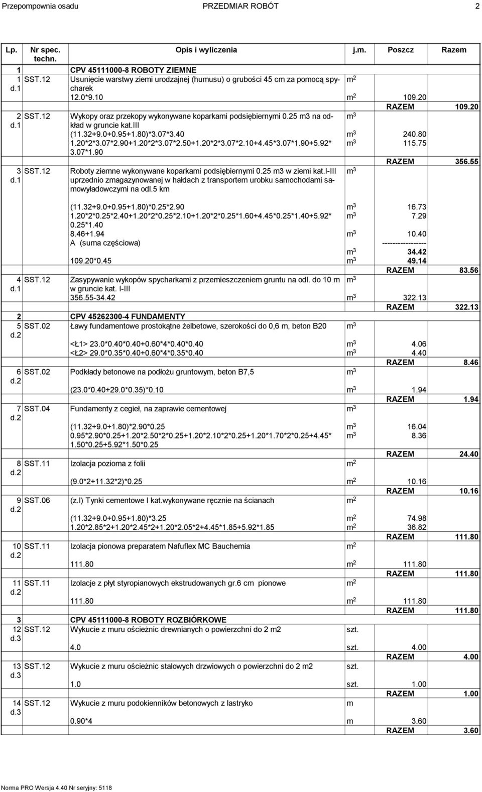 45*3.07*1.90+5.92* m 3 115.75 3.07*1.90 RAZEM 356.55 3 SST.12 Roboty ziemne wykonywane koparkami podsiębiernymi 0.25 m3 w ziemi kat.