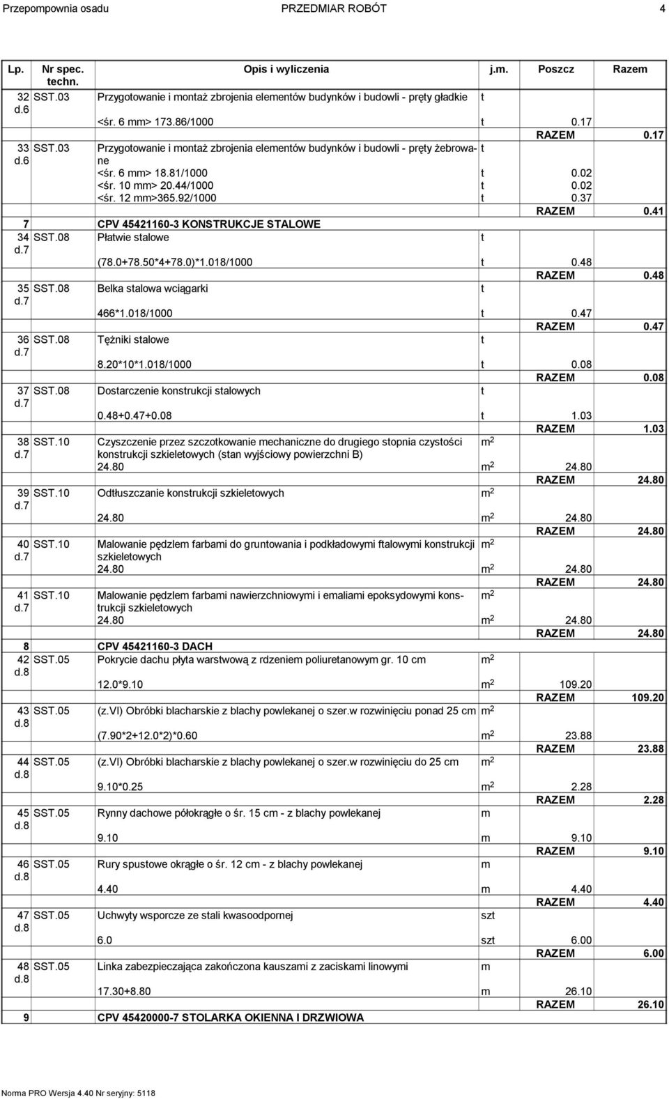 41 7 CPV 45421160-3 KONSTRUKCJE STALOWE 34 SST.08 Płatwie stalowe t (78.0+78.50*4+78.0)*1.018/1000 t 0.48 RAZEM 0.48 35 SST.08 Belka stalowa wciągarki t 466*1.018/1000 t 0.47 RAZEM 0.47 36 SST.