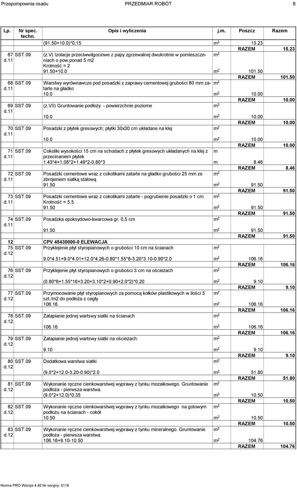 vii) Gruntowanie podłoży - powierzchnie poziome 10.0 10.00 RAZEM 10.00 70 SST.09 Posadzki z płytek gresowych; płytki 30x30 cm układane na klej 10.0 10.00 RAZEM 10.00 71 SST.