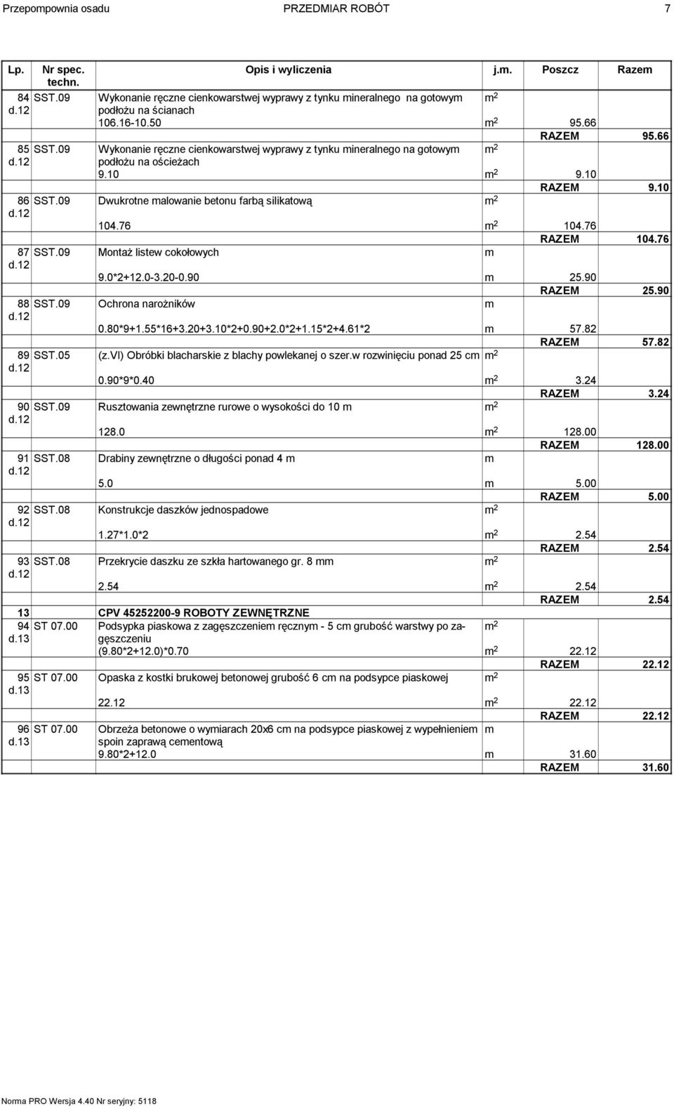 09 Montaż listew cokołowych m 9.0*2+12.0-3.20-0.90 5.90 RAZEM 25.90 88 SST.09 Ochrona narożników m 0.80*9+1.55*16+3.20+3.10*2+0.90+2.0*2+1.15*2+4.61*2 m 57.82 RAZEM 57.82 89 SST.05 (z.