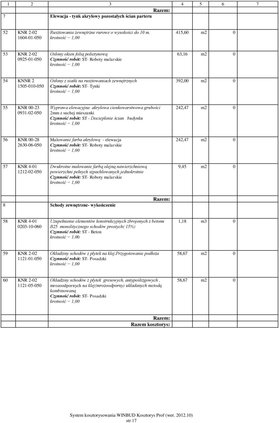 0931-02- Wyprawa elewacyjna akrylowa cienkowarstwowa grubości 2mm z suchej mieszanki Czynność robót: ST - Docieplenie ścian budynku 242,47 m2 0 56 KNR 00-28 2630-06- Malowanie farba akrylową -