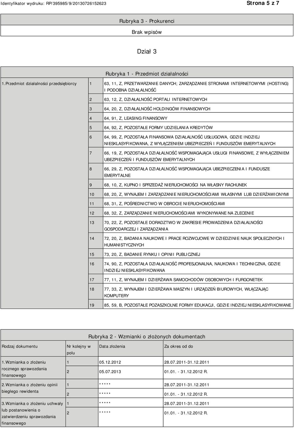 DZIAŁALNOŚĆ HOLDINGÓW FINANSOWYCH 4 64, 91, Z, LEASING FINANSOWY 5 64, 92, Z, POZOSTAŁE FORMY UDZIELANIA KREDYTÓW 6 64, 99, Z, POZOSTAŁA FINANSOWA DZIAŁALNOŚĆ USŁUGOWA, GDZIE INDZIEJ SKLASYFIKOWANA,