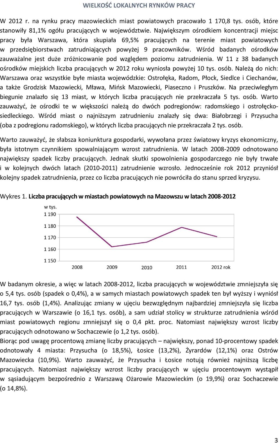 Wśród badanych ośrodków zauważalne jest duże zróżnicowanie pod względem poziomu zatrudnienia. W 11 z 38 badanych ośrodków miejskich liczba pracujących w 2012 roku wyniosła powyżej 10 tys. osób.