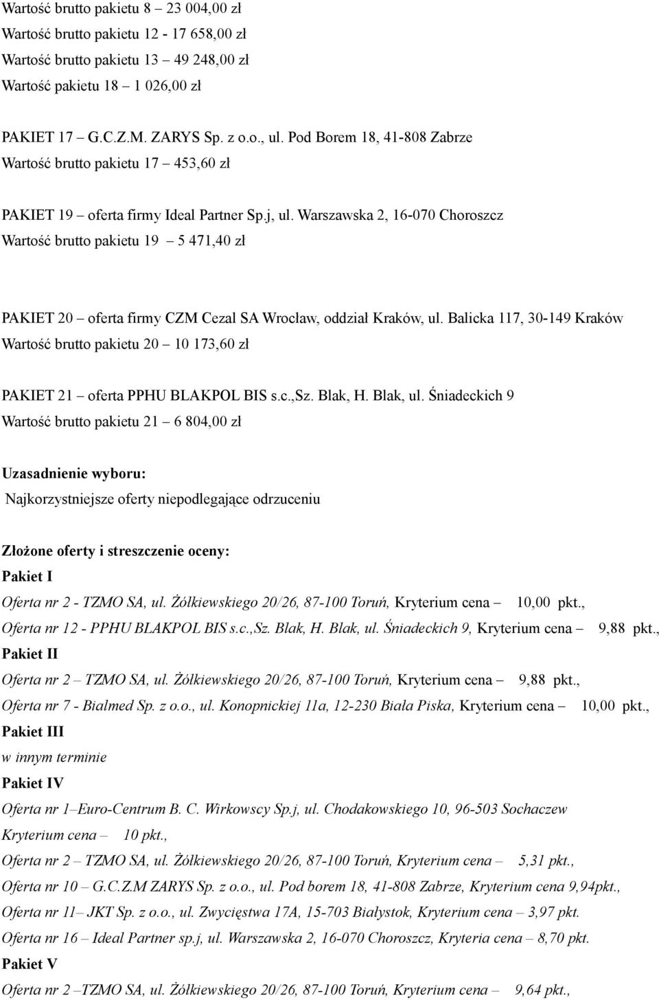 Warszawska 2, 16-070 Choroszcz Wartość brutto pakietu 19 5 471,40 zł PAKIET 20 oferta firmy CZM Cezal SA Wrocław, oddział Kraków, ul.