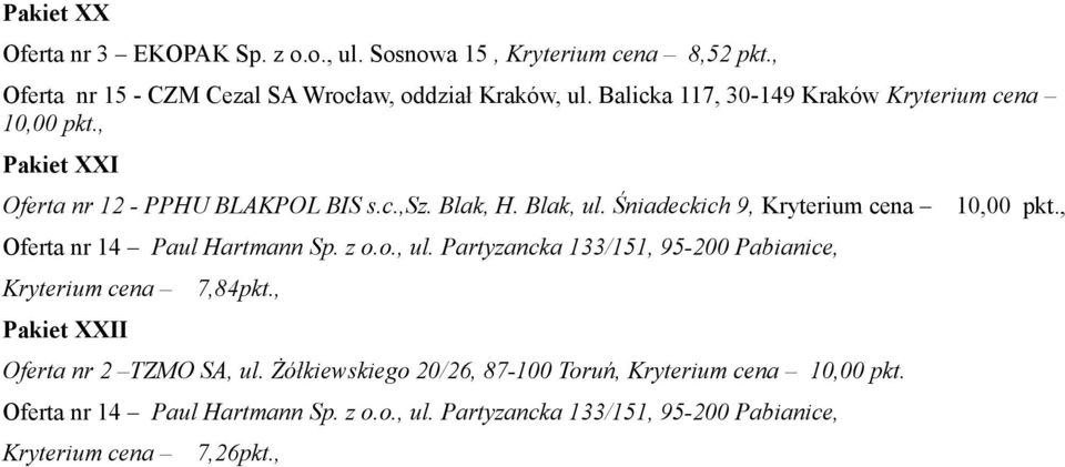 Balicka 117, 30-149 Kraków Kryterium cena 10,00 pkt., Pakiet XXI Oferta nr 12 - PPHU BLAKPOL BIS s.c.,sz.