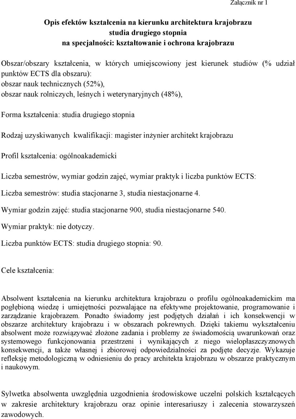 stopnia Rodzaj uzyskiwanych kwalifikacji: magister inżynier architekt krajobrazu Profil kształcenia: ogólnoakademicki Liczba semestrów, wymiar godzin zajęć, wymiar praktyk i liczba punktów ECTS: