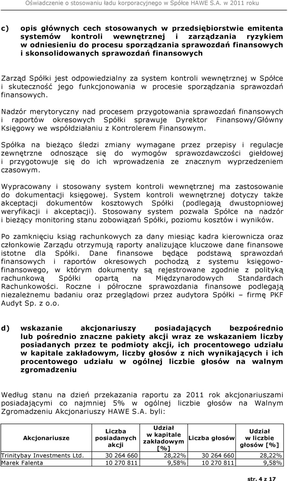 Nadzór merytoryczny nad procesem przygotowania sprawozdań finansowych i raportów okresowych Spółki sprawuje Dyrektor Finansowy/Główny Księgowy we współdziałaniu z Kontrolerem Finansowym.