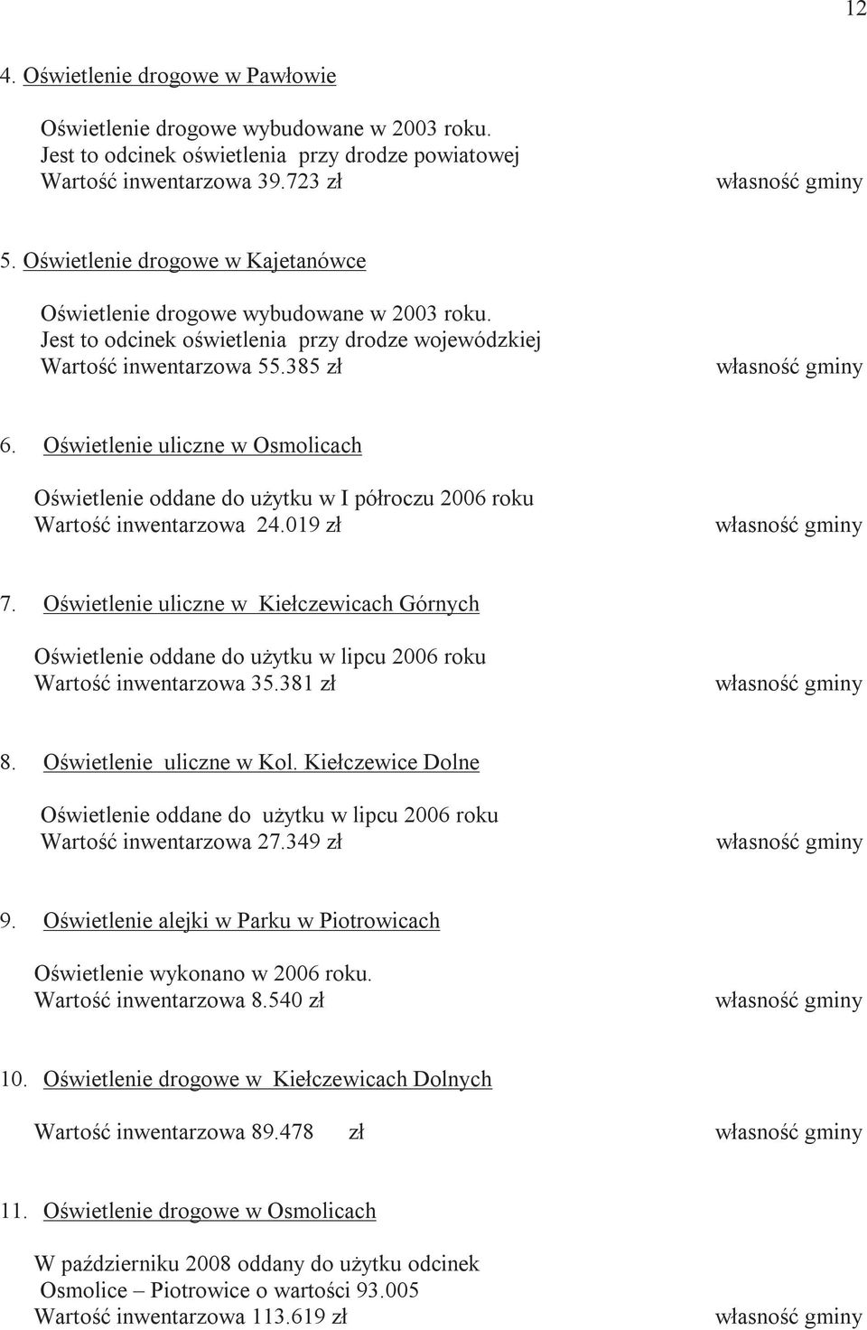 Oświetlenie uliczne w Osmolicach Oświetlenie oddane do uŝytku w I półroczu 2006 roku Wartość inwentarzowa 24.019 zł 7.