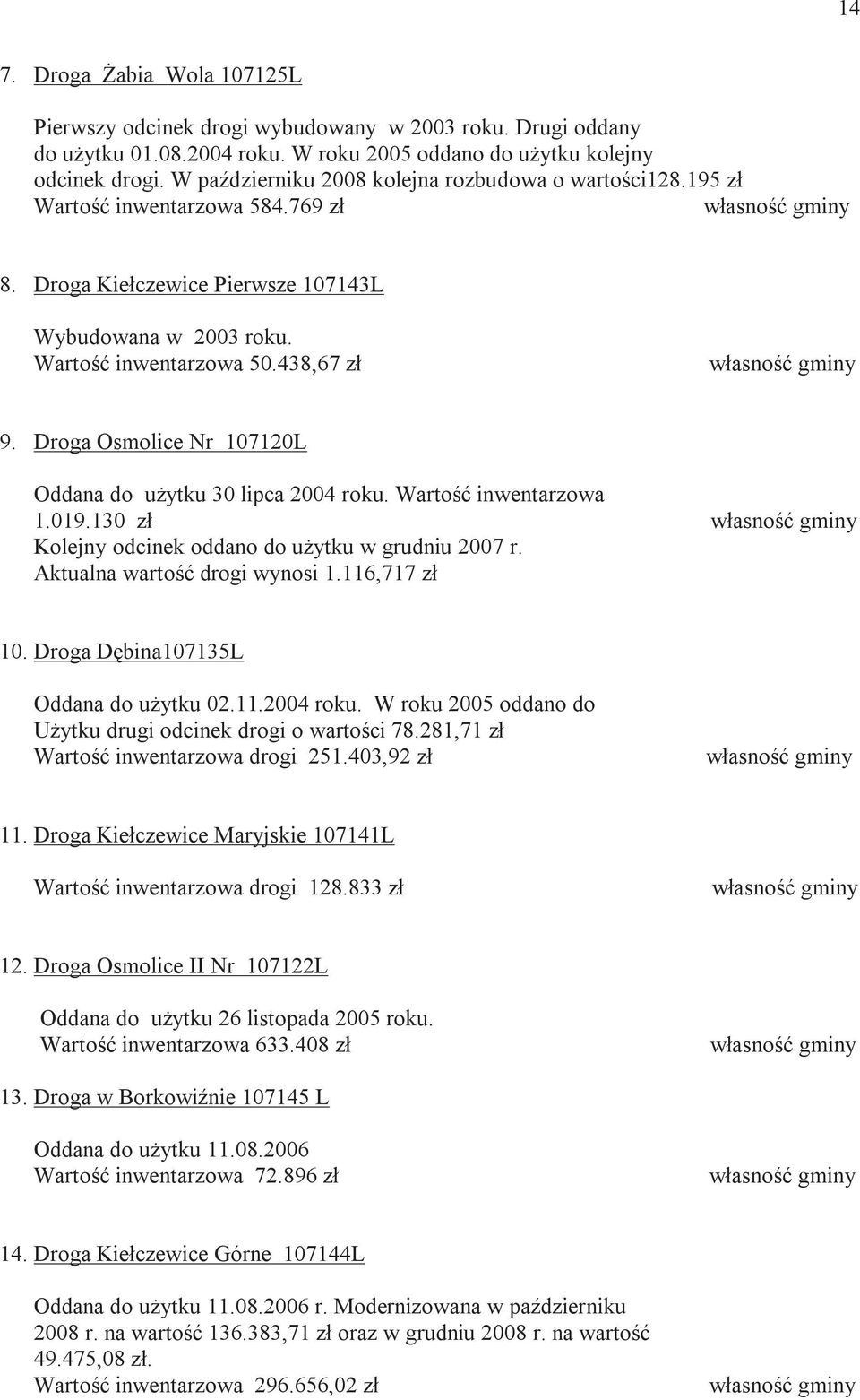 Droga Osmolice Nr 107120L Oddana do uŝytku 30 lipca 2004 roku. Wartość inwentarzowa 1.019.130 zł Kolejny odcinek oddano do uŝytku w grudniu 2007 r. Aktualna wartość drogi wynosi 1.116,717 zł 10.