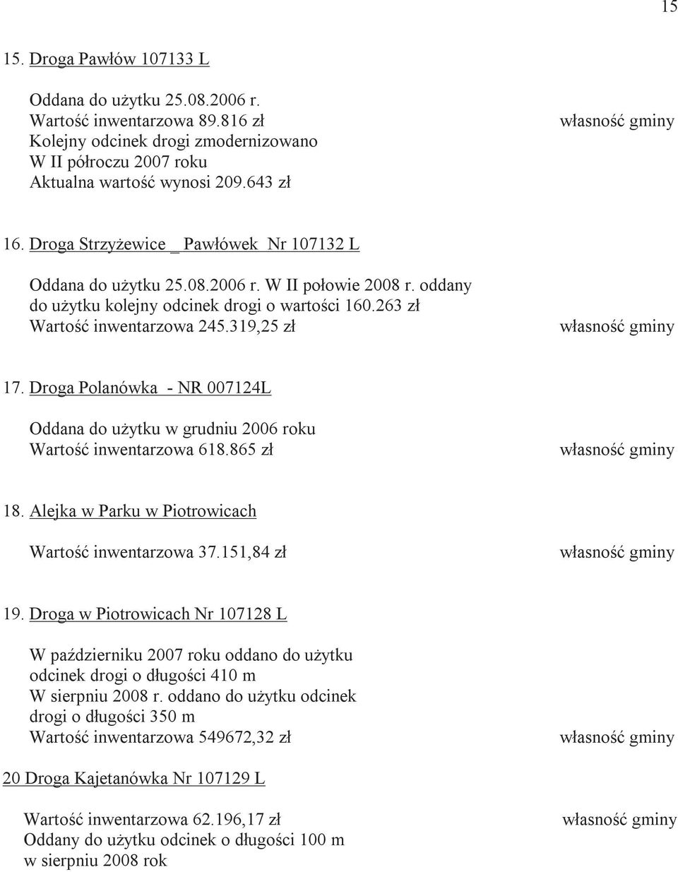 Droga Polanówka - NR 007124L Oddana do uŝytku w grudniu 2006 roku Wartość inwentarzowa 618.865 zł 18. Alejka w Parku w Piotrowicach Wartość inwentarzowa 37.151,84 zł 19.