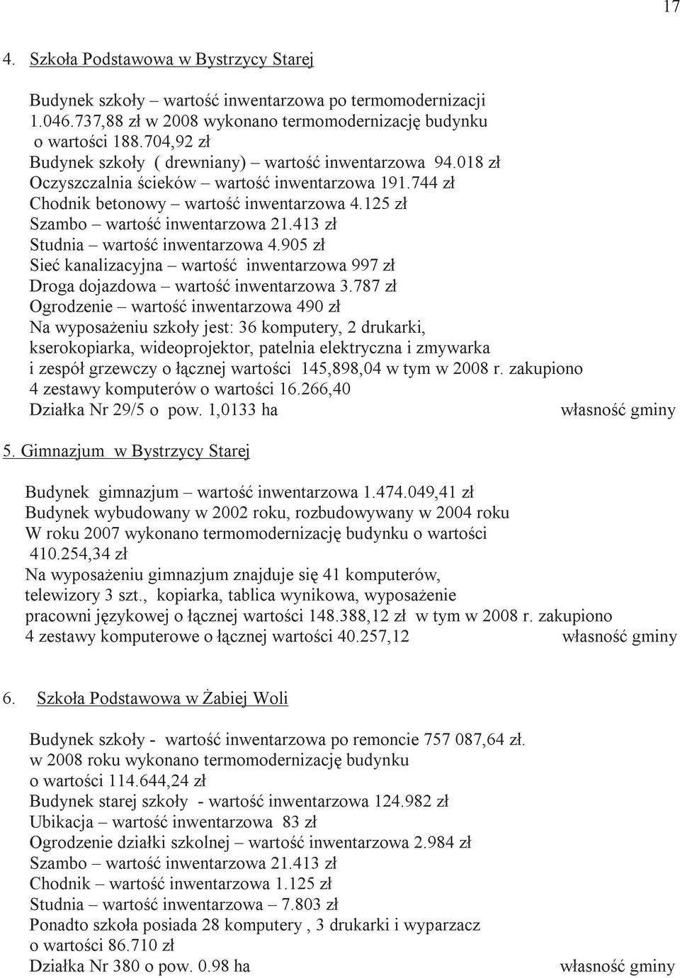 125 zł Szambo wartość inwentarzowa 21.413 zł Studnia wartość inwentarzowa 4.905 zł Sieć kanalizacyjna wartość inwentarzowa 997 zł Droga dojazdowa wartość inwentarzowa 3.