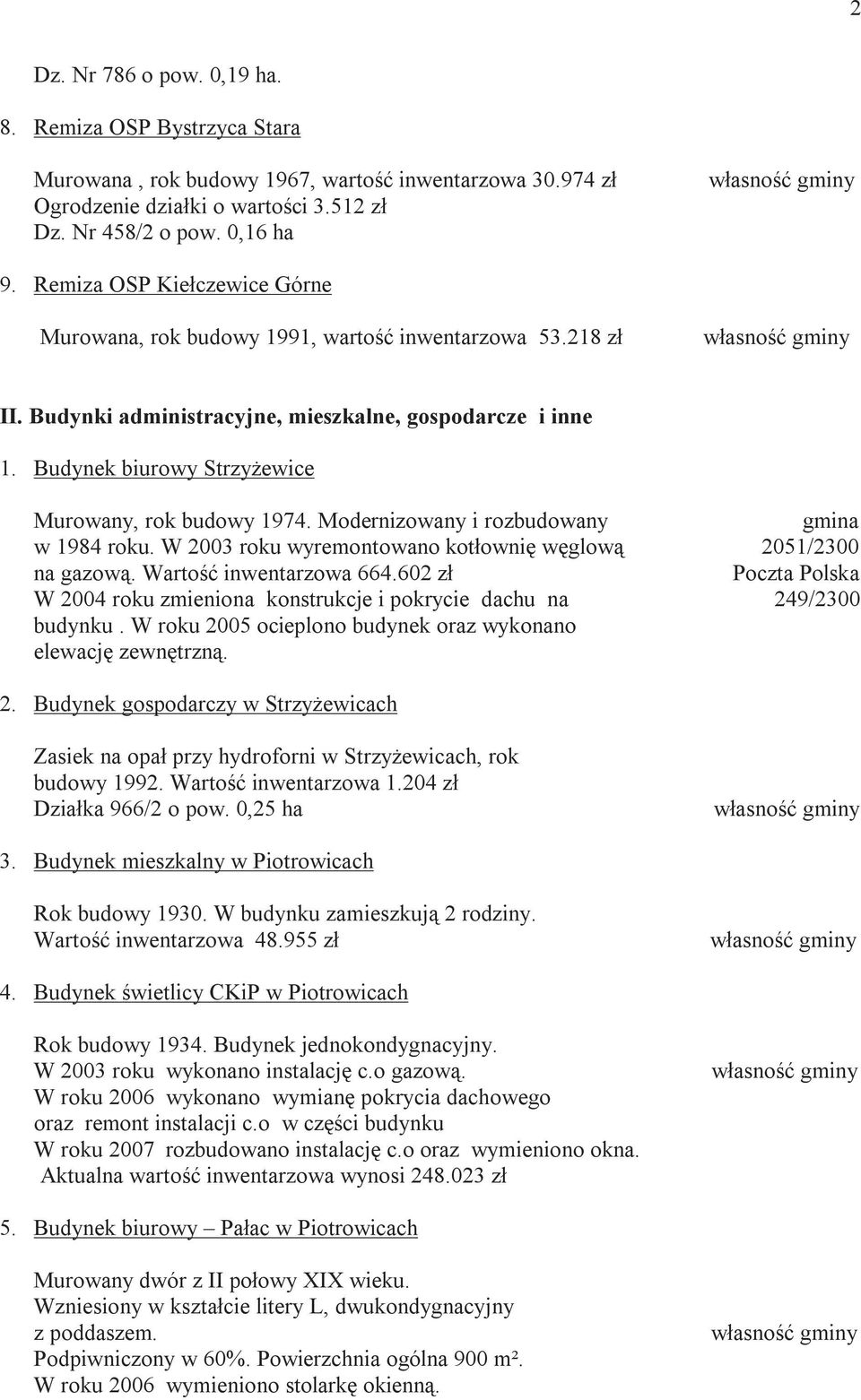 Budynek biurowy StrzyŜewice Murowany, rok budowy 1974. Modernizowany i rozbudowany gmina w 1984 roku. W 2003 roku wyremontowano kotłownię węglową 2051/2300 na gazową. Wartość inwentarzowa 664.