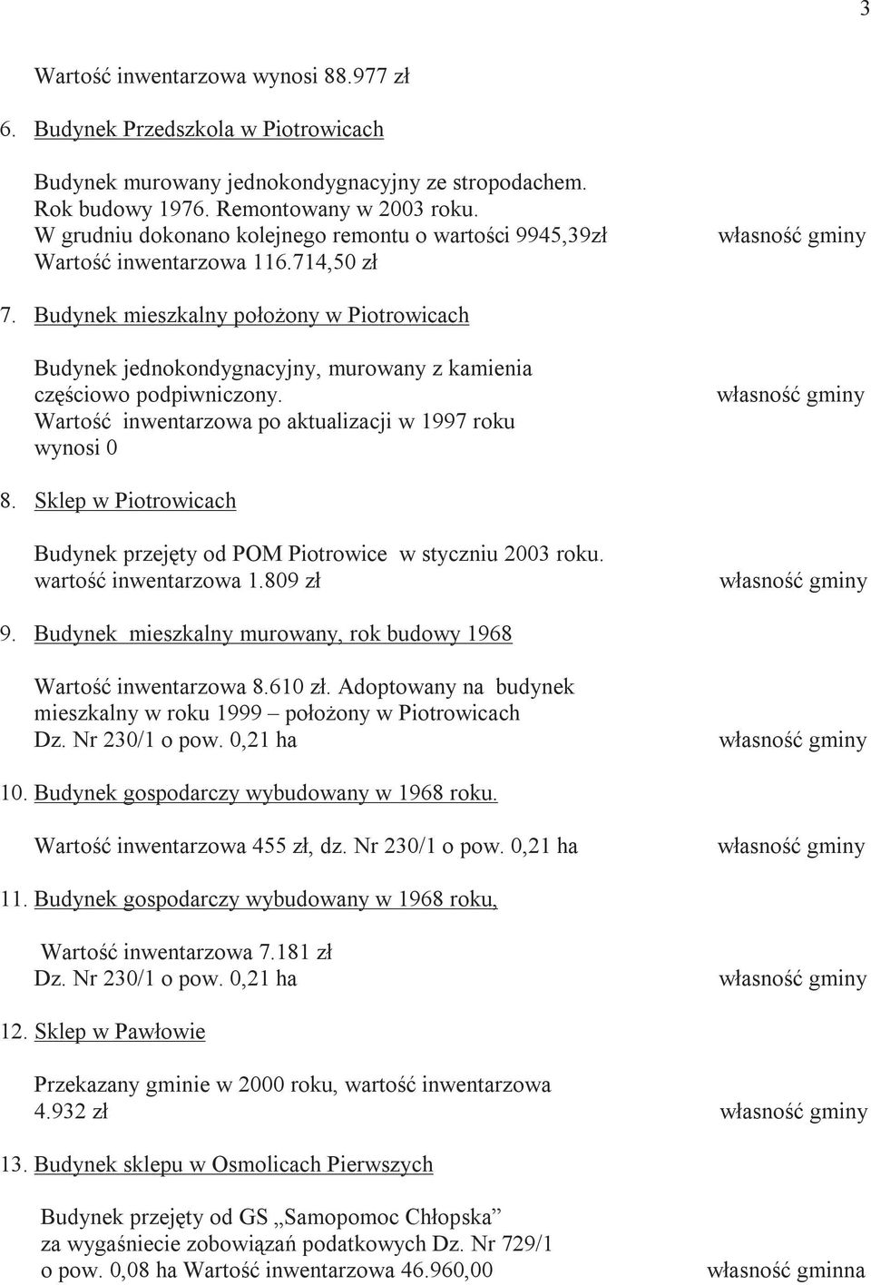 Budynek mieszkalny połoŝony w Piotrowicach Budynek jednokondygnacyjny, murowany z kamienia częściowo podpiwniczony. Wartość inwentarzowa po aktualizacji w 1997 roku wynosi 0 8.