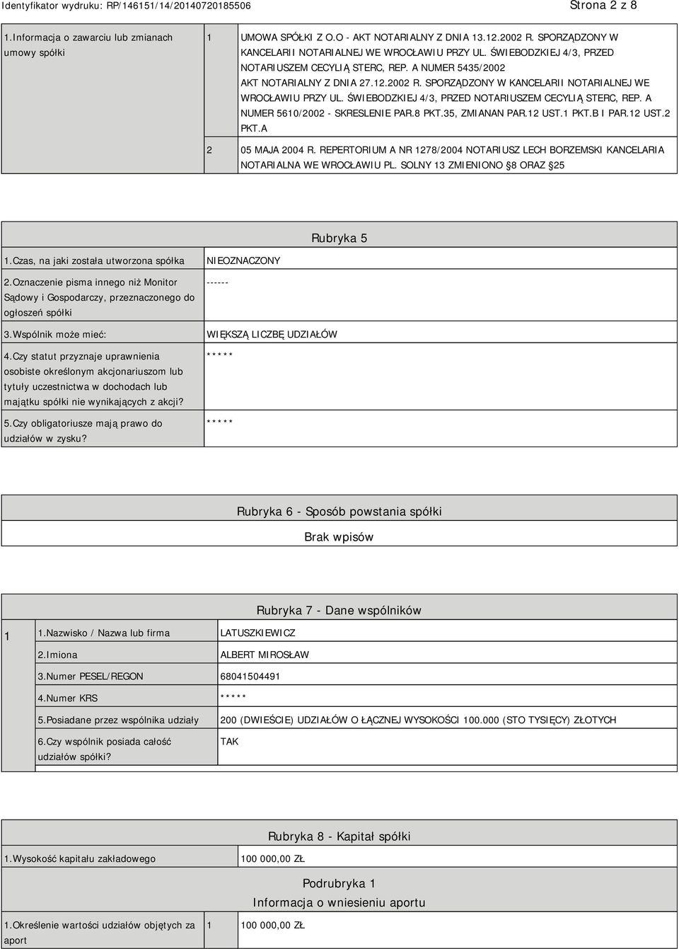 ŚWIEBODZKIEJ 4/3, PRZED NOTARIUSZEM CECYLIĄ STERC, REP. A NUMER 5610/2002 - SKRESLENIE PAR.8 PKT.35, ZMIANAN PAR.12 UST.1 PKT.B I PAR.12 UST.2 PKT.A 2 05 MAJA 2004 R.
