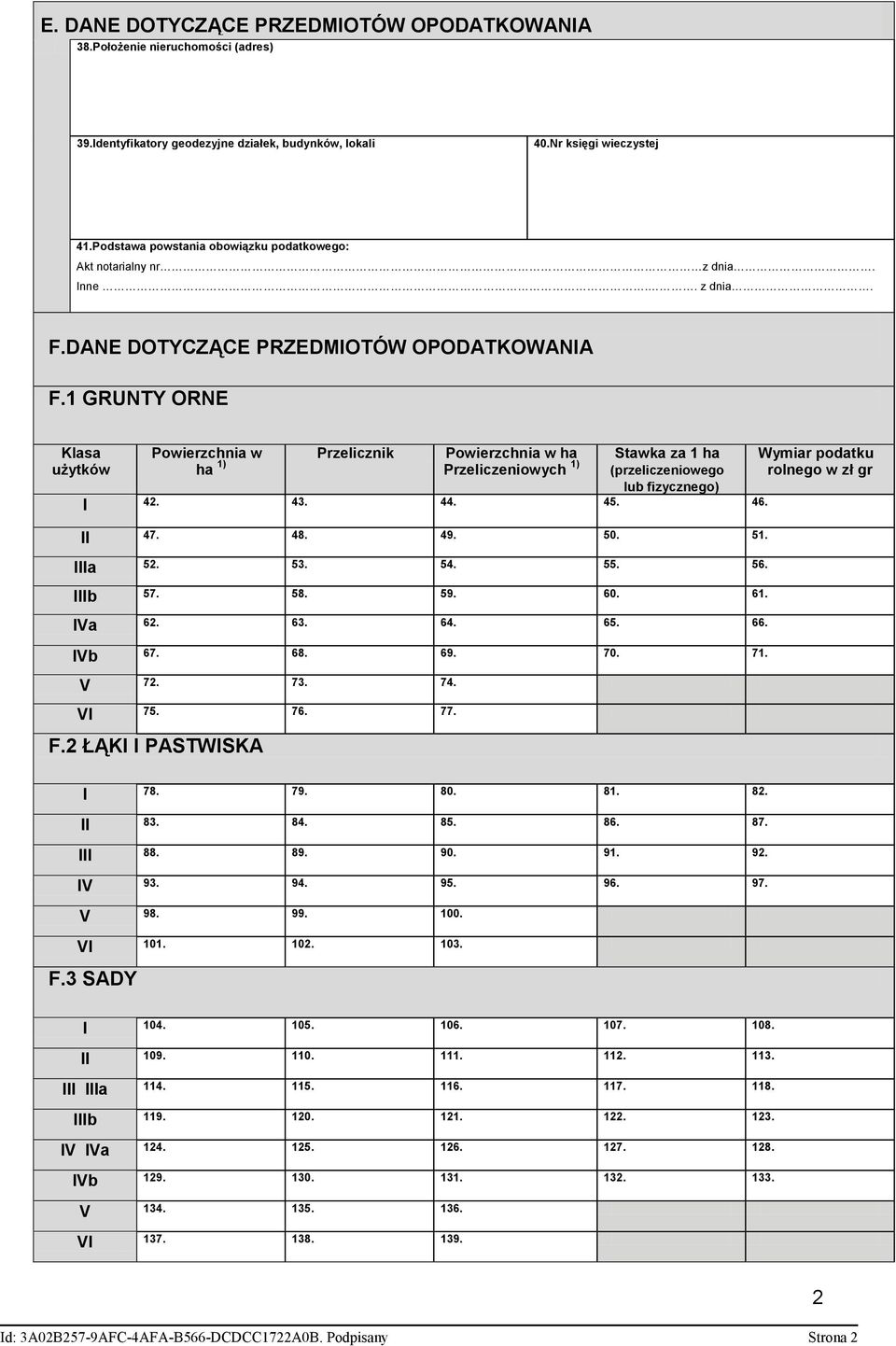 1 GRUNTY ORNE Klasa użytków Powierzchnia w ha 1) Przelicznik Powierzchnia Przeliczeniowych 1) Stawka za 1 ha (przeliczeniowego lub fizycznego) I 42. 43. 44. 45. 46. II 47. 48. 49. 50. 51. IIIa 52. 53.