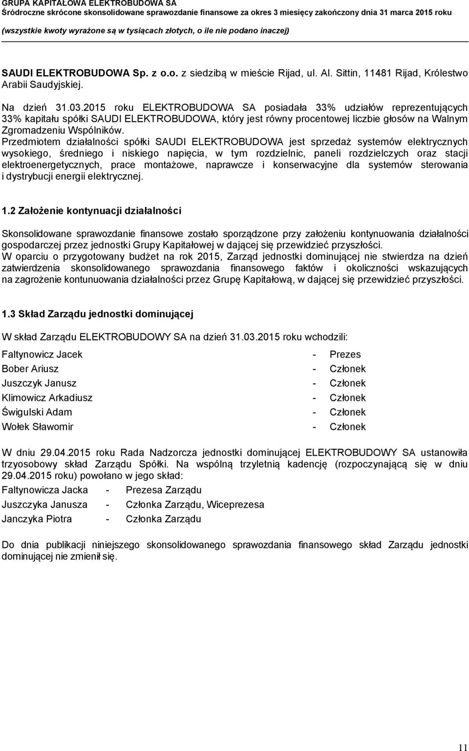 Przedmiotem działalności spółki SAUDI ELEKTROBUDOWA jest sprzedaż systemów elektrycznych wysokiego, średniego i niskiego napięcia, w tym rozdzielnic, paneli rozdzielczych oraz stacji
