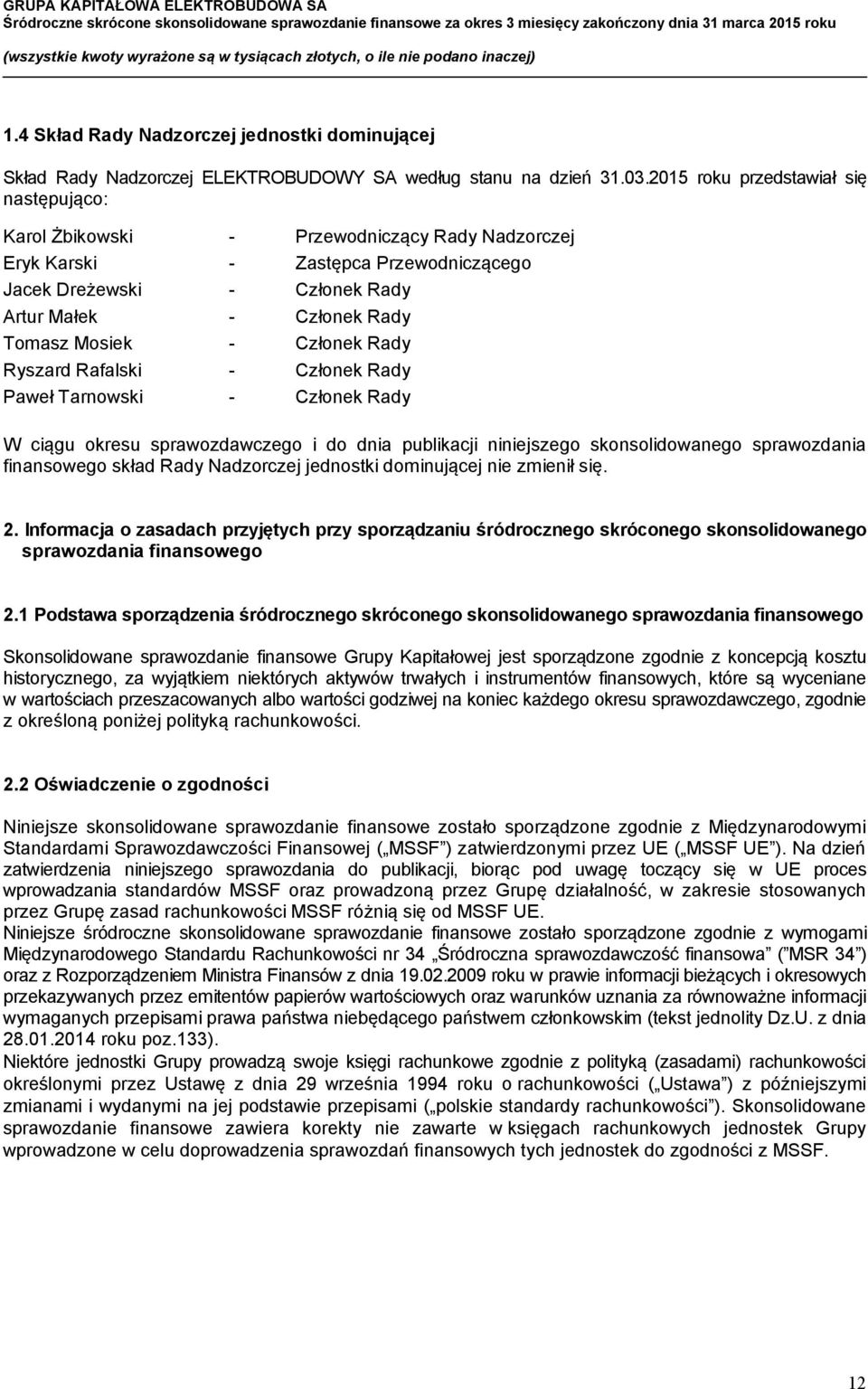 sprawozdawczego i do dnia publikacji niniejszego skonsolidowanego sprawozdania finansowego skład Rady Nadzorczej jednostki dominującej nie zmienił się. 2.