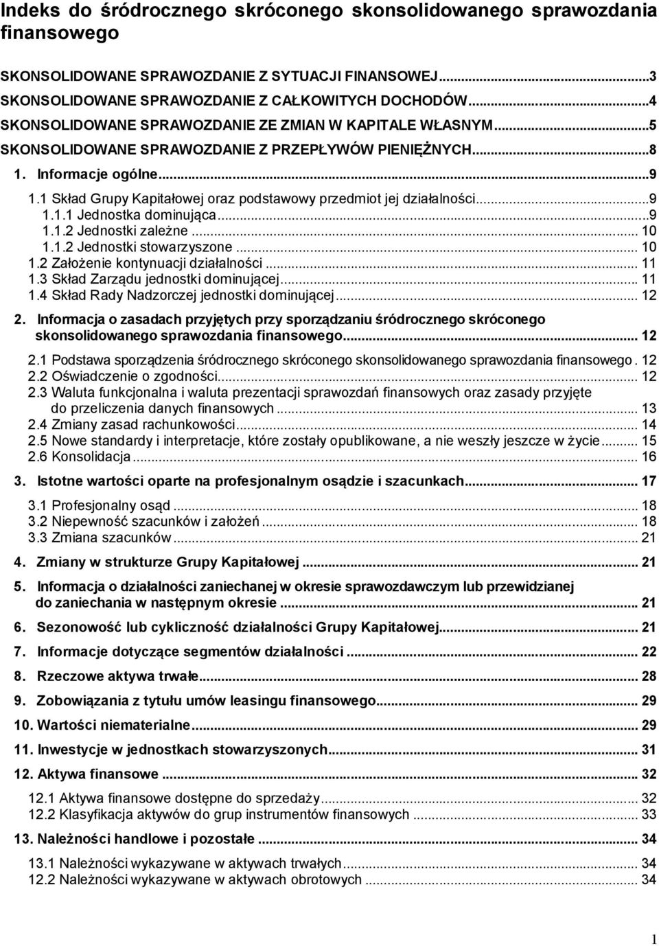 1 Skład Grupy Kapitałowej oraz podstawowy przedmiot jej działalności...9 1.1.1 Jednostka dominująca...9 1.1.2 Jednostki zależne... 10 1.1.2 Jednostki stowarzyszone... 10 1.2 Założenie kontynuacji działalności.