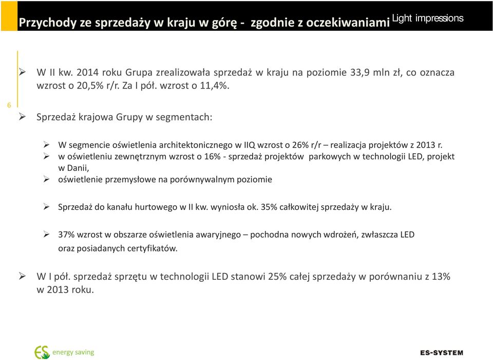 w oświetleniu zewnętrznym wzrost o 16% sprzedaż projektów parkowych w technologii LED, projekt wdanii, oświetlenie przemysłowe na porównywalnym poziomie Sprzedaż do kanału hurtowego w II kw.