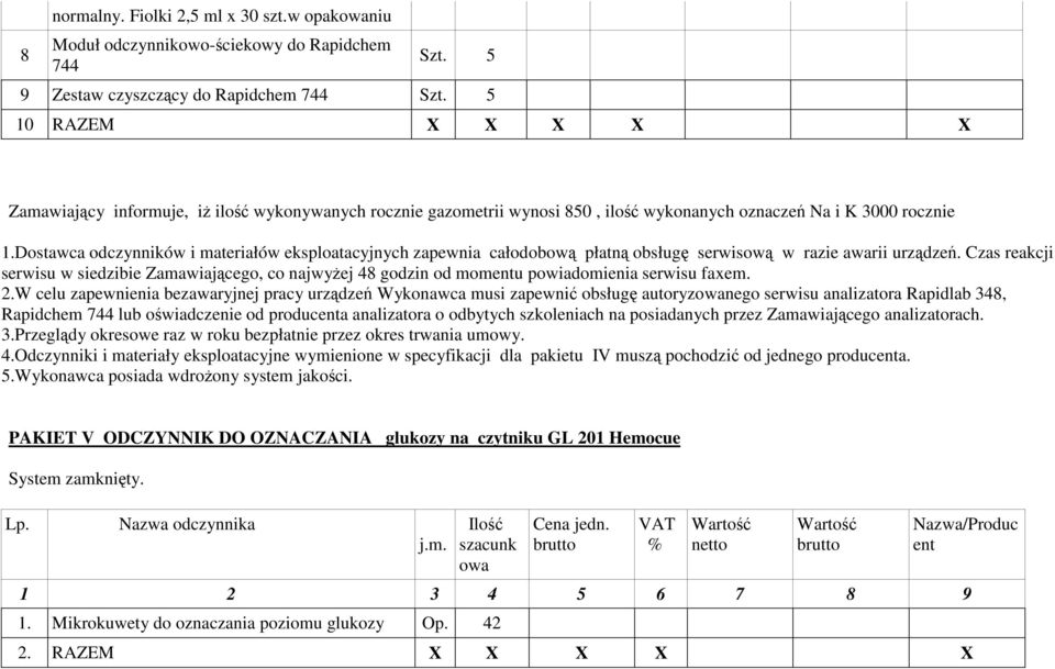 Dostawca odczynników i materiałów eksploatacyjnych zapewnia całodobową płatną obsługę serwisową w razie awarii urządzeń.