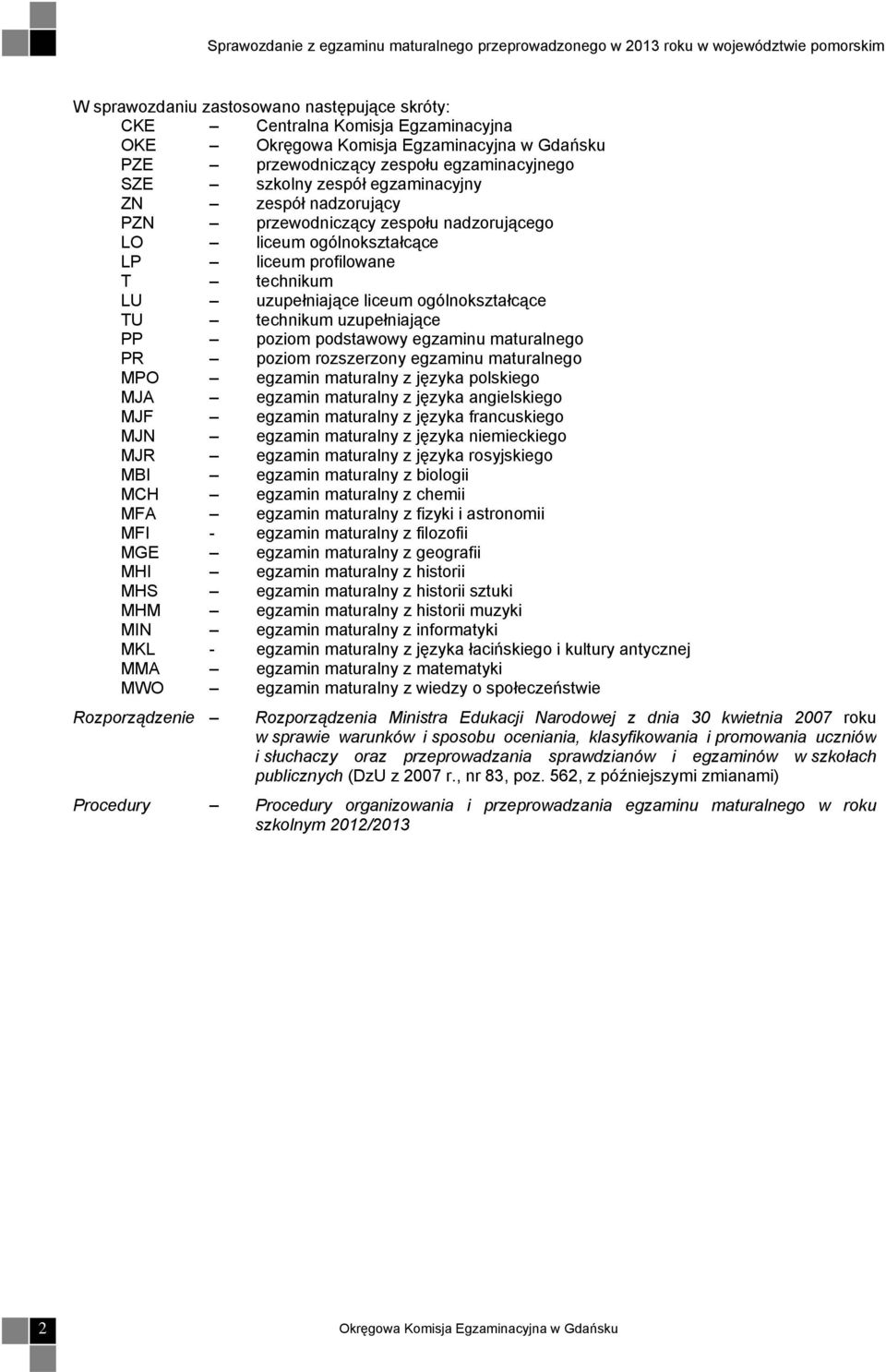 maturalnego PR poziom rozszerzony egzaminu maturalnego MPO egzamin maturalny z języka polskiego MJA egzamin maturalny z języka angielskiego MJF egzamin maturalny z języka francuskiego MJN egzamin